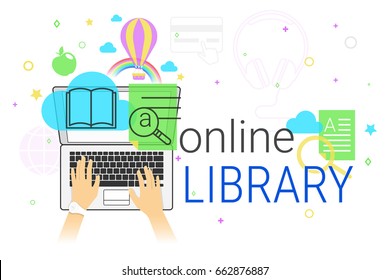 Online book and electronic library app on laptop creative concept vector illustration. Human hands typing on laptop keyboard for reading interesting books and education. E-book sync and cloud storage