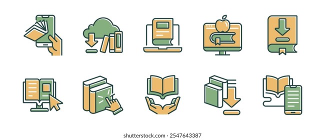 Conjunto de iconos de libros en línea Educación digital Biblioteca Descarga Medios de comunicación Lectura de libros electrónicos Aprendizaje Señales de Ilustración vectorial Negocios e-learning Revista Literatura Símbolo para Web y App