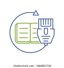 Online book and internet connection. Get knowledge on the internet. Electronic education. Vector linear icon illustration isolated on white background.