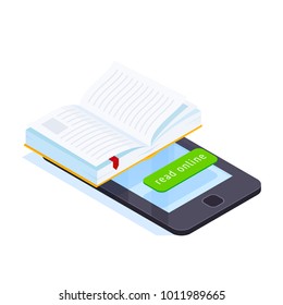Online book isometric concept. 3d book on the smartphone screen. Reading e-books online on mobile device. Vector illustration.