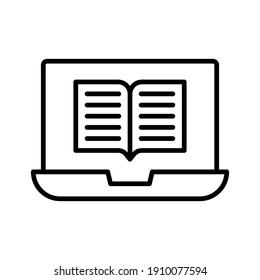 Imagen vectorial de icono en línea, libro, portátil. También se puede usar para la educación en línea. Idóneo para aplicaciones web, aplicaciones móviles y medios impresos.