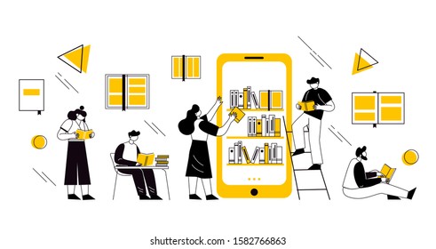 Online book library concept. Vector graphic illustration with characters reading books online on the smartphone. Concept for website and mobile website development.