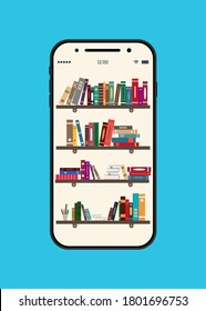 Online Book Library. Ebook In Mobile. Electronic Bookstore For Education On Bookshelf. App In Tablet, Smartphone For Knowledge And Study. School Elearning With Help Smart Technology For Reader. Vector