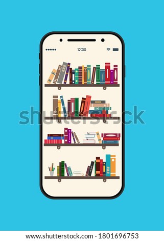 Online book library. Ebook in mobile. Electronic bookstore for education on bookshelf. App in tablet, smartphone for knowledge and study. School elearning with help smart technology for reader. Vector