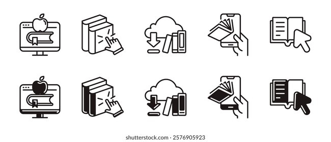 online book library icon line set education study download e-book learning course vector business journal literature digital document signs outline illustration