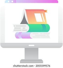 Online book on computer screen vector icon isolated on white background. Study at distance school. Electronic library and knowledge for student learn. Internet training course and digital technology