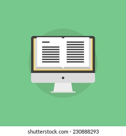 Online book reading, open book on a monitor screen, electronic learning and web text studying. Flat icon modern design style vector illustration concept. 