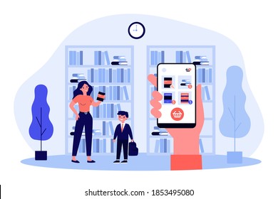 Online book shop page on gadget screen. Woman and kid at book shelves flat vector illustration. Bookstore, library, reading concept for banner, website design or landing web page