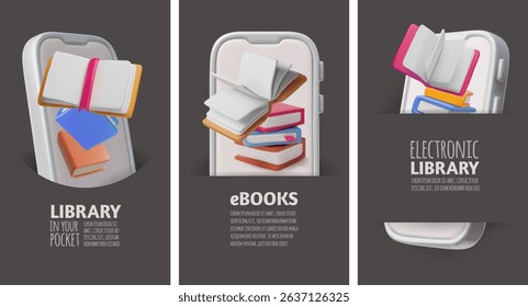 Online book store 3D style poster vector set advertising design. Render books, literature, dictionaries and encyclopedias in smartphone screen. Electronic library in your pocket, education shop