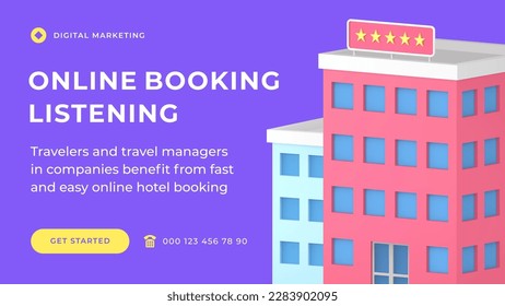 Online booking accommodation best hotel apartment commercial business digital service social media banner 3d icon vector illustration. Real estate internet reservation tourist destination tourism