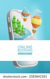 Online booking of air touristic transport 3D vector design. Flight excursion in smartphone. Hot air balloon with basket flying in the sky. Summer travel on the aerostat. Cartoon heaven discovery