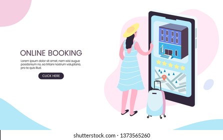Online booking application for travellers. Creative banner, landing page or flyer. Flat isometric vector illustration of a travelling woman booking a room in a hostel through mobile application.