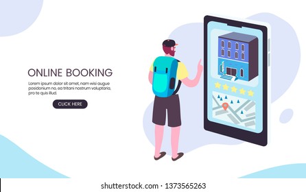 Online booking application for travellers. Creative banner, landing page or flyer. Flat isometric vector illustration of a travelling woman booking a room in a hostel through mobile application.