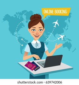 Online Booking Banner. Air Tickets Online Booking. Online Flight Booking. Woman Stands At Table In Office And Makes Out The Purchase Of Tickets. Travel Agent Working For Laptop.