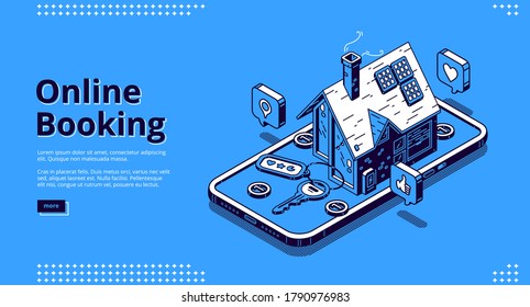 Online booking banner. Mobile application for book hotel, accommodation or apartment for vacation. Vector landing page of online rent reservation with isometric smartphone and house