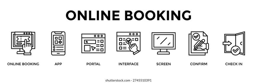 Online Booking Banner Web Icon Set Collection Pack Vector Illustration Concept For Online Booking, App, Portal, Interface, Screen, Confirm, Check In