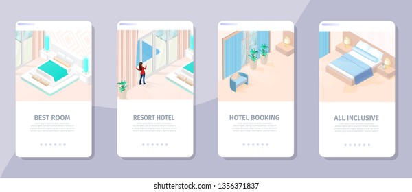 Online Booking Best Room Resort Hotel All Inclusive Isometric Banners Vector Illustration. Comfortable Apartment Bedroom for Tourism, Travel and Business Trip. Interface for Website Landing Page.