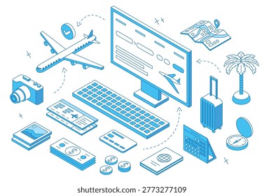 Online booking. Buying ticket in app with credit card. Travel documents, airplane, map and photo camera. Preparing for trip, vacations, nifty vector scene