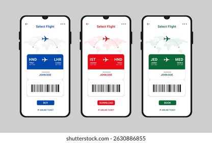 Online booking by smartphone concept. Digital or electronic plane ticket on the mobile app. Flight selection screen with boarding Passes