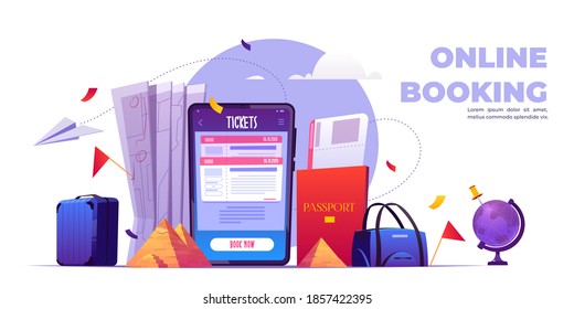 Online booking cartoon banner, tickets reservation service application on mobile phone screen. Suitcase, world map, globe and egyptian pyramid with Gps pin, internet technologies vector illustration