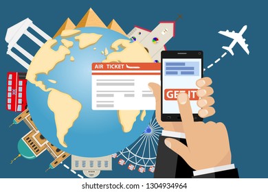 Online booking concept for airplane tickets. Online booking ticked. Buy Ticket Online. Traveling on airplane, planning a summer vacation.