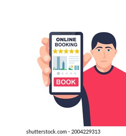 Concepto de reserva en línea. El cliente mantiene el teléfono en mano con la aplicación para vivienda de alquiler, en el contexto de la gran ciudad. Diseño plano de ilustración vectorial. Aislado sobre fondo blanco.