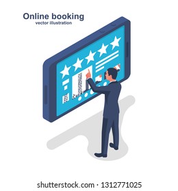 Online booking concept. Consumer holds phone in hand with application for rental housing. Vector illustration isometric design. Isolated on white background.