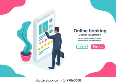 Online booking concept. Consumer holds phone in hand with application for rental housing. Vector illustration isometric design. Isolated on white background.