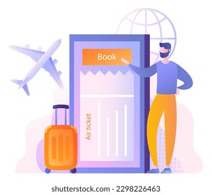Online booking concept. Man with suitcase stands near smartphone and buys ticket. Tourist on vacation, journey and adventure. Time to travel, trip and flight. Cartoon flat vector illustration