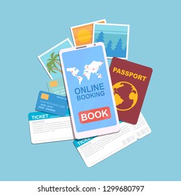 Online booking concept. Smartphone with online booking app and world icon on screen. Top view vector illustration.