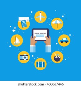 Online booking concept for summer holiday vacation. Isolated vector illustration