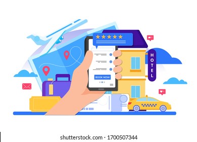 Online booking design concept for mobile phone hotel, flight, car, tickets.