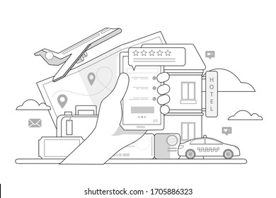 Concepto de diseño de reservas en línea para hotel móvil, vuelo, camión, billetes. Vector de esquema