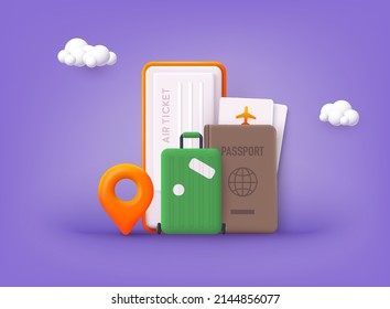 Online booking design concept for mobile phone. Business trip banner with passport, tickets, travel bag. 3D Web Vector Illustrations.