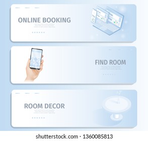 Online Booking Find Room Decor Banners. Notebook Digital Tablet Phone with Hotel Rooms Offers on Screen Illustration. Hand with Smartphone. Order from Home Internet Technology Concept