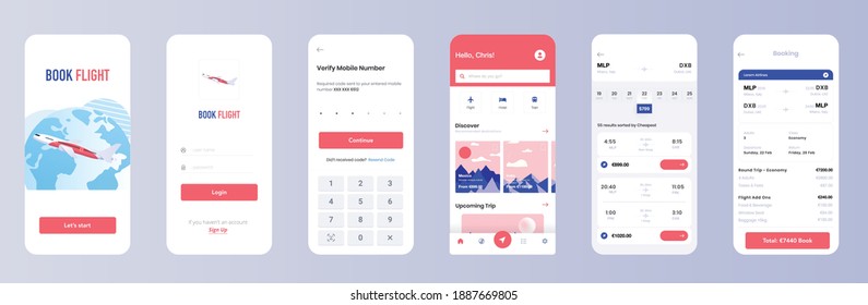 Online booking flight service mobile application template. UI, UX, GUI design elements. Travel application wireframe. User Interface kit isolated on grey background. Vector eps 10.
