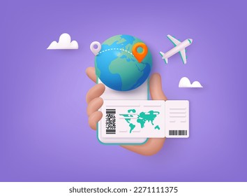 Online booking flight tickets concept on mobile phone. Time to travel concept. 3D Web Vector Illustrations.