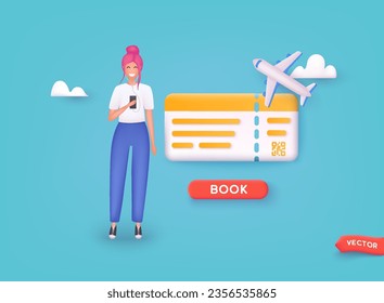 Online booking flight tickets concept on mobile phone. Time to travel concept. 3D Web Vector Illustrations.