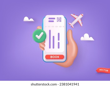 Online booking flight tickets concept on mobile phone. Time to travel concept. 3D Web Vector Illustrations.