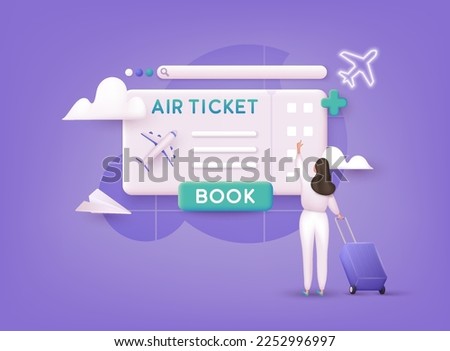 Online booking flight tickets concept on mobile phone. Time to travel concept. 3D Web Vector Illustrations.