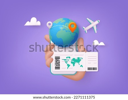 Online booking flight tickets concept on mobile phone. Time to travel concept. 3D Web Vector Illustrations.