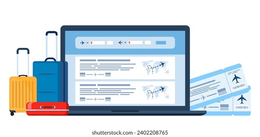 Online booking of flight tickets on the flight search site. Laptop, air tickets and baggage. Travel, journey, business trip. Vector illustration