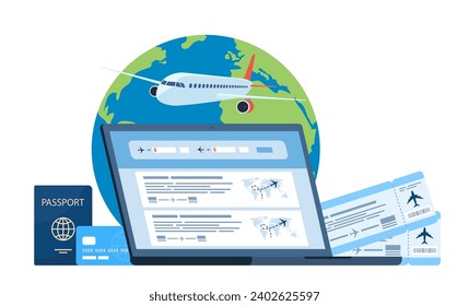 Online booking of flight tickets on the flight search site. Laptop, air tickets and baggage, planet Earth and plane. Travel, journey, business trip. Vector illustration