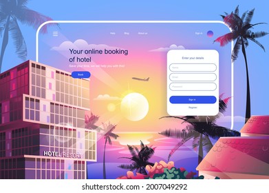 Online booking of hotel concept. Room and apartment reservation service website layout. International tourism and travel, go on vacation. Vector illustration in flat design for landing page