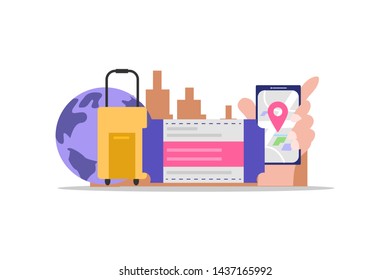 Online booking hotel.  Hotel Reservation Mobile App vector illustration concept for web landing page template, banner, flyer and presentation