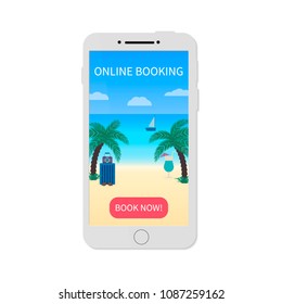 Online booking. Internet travel agency. Modern technology. Independent tourism. Mobile phone  vector illustration. Design template for your business projects, websites, apps, social media etc.