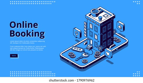 Online booking isometric landing page, room reservation service, hotel building, apartment keys, coins and rating stars on mobile phone screen, internet technologies 3d vector line art web banner