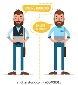 Online Booking. Man with tablet making online order, booking accommodation hostel, booking tickets for concert on tablet