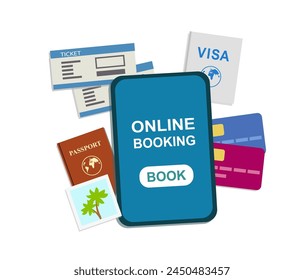 Online booking. on the blue phone.  passport, ticket, tourist visa. the white vector is isolated. 