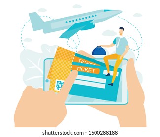 Online Booking and Payment for Air Ticket Metaphor. Cartoon Electronic Boarding Pass with Barcode. Check-in and Check-out System. Flat Man Sitting on Phone in Human Hand. Vector Plane Illustration